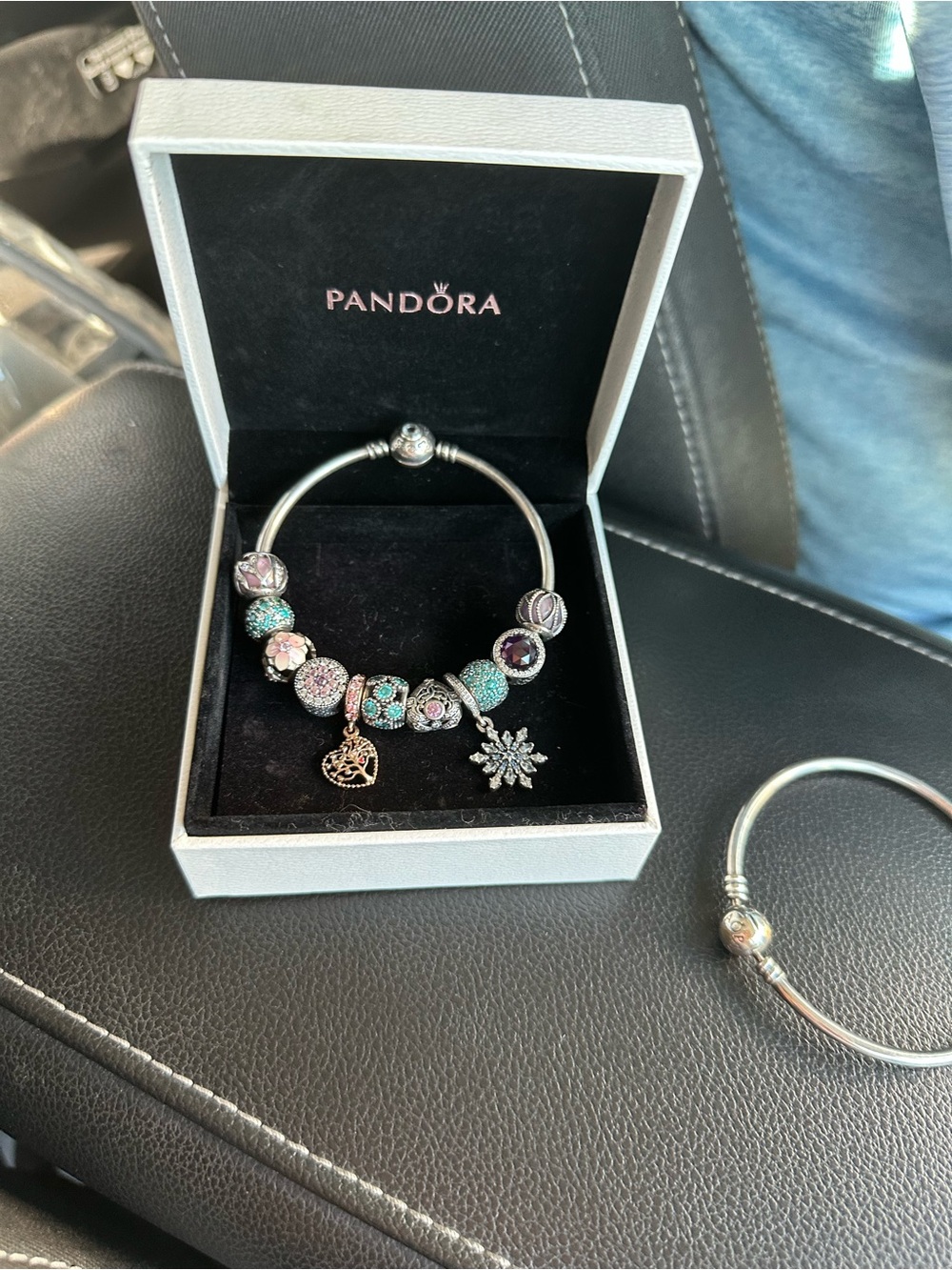 Pandora Silver Bangle with Pink, Teal & Purple Sparkling Charms